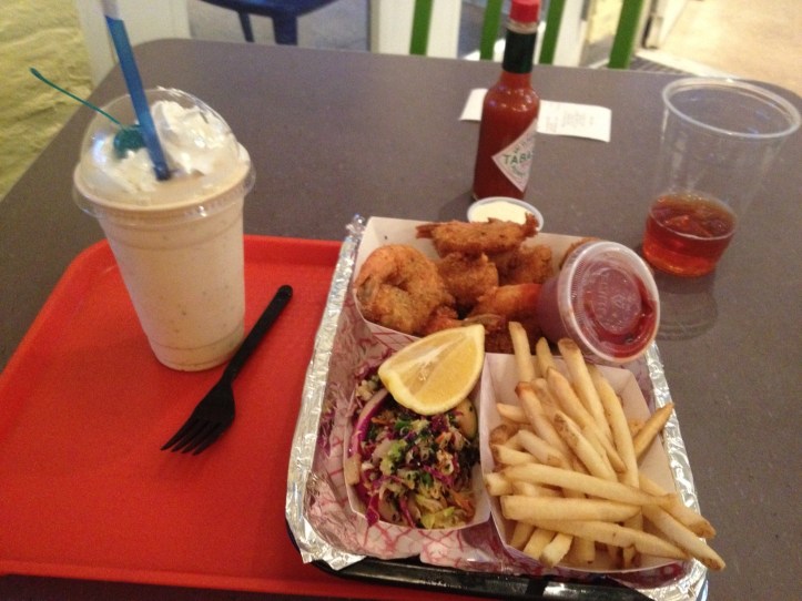 My fabulous meal, fried shrimp, fries, asian cole slaw and a butter pecan shake.